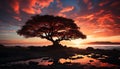 Silhouette of tree against orange sunset over water generated by AI Royalty Free Stock Photo