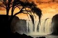 silhouette of a tree against a roaring waterfall