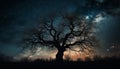 Silhouette tree branch back lit by glowing star field generated by AI