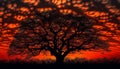 Silhouette of tree branch back lit by orange sunset glow generated by AI