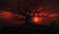 Silhouette of tree branch back lit by spooky sunset sky generated by AI