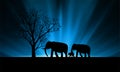 Silhouette of Tree and Elephants family on Abstract smooth light