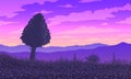 Silhouette of tree among flowering meadow and mountains at sunset.