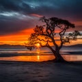 Silhouette of a tree by a lake at sunset Royalty Free Stock Photo