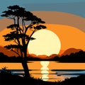 Silhouette of tree on the lake at sunset, vector illustration generative AI Royalty Free Stock Photo