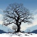 Silhouette of a tree without leaves. Stylized silhouette of a tree against a background of snow-capped mountains. Royalty Free Stock Photo