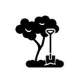 Silhouette Tree planting. Seedling in ground with stuck shovel. Outline icon of landscape gardening, loosening soil. Flat isolated Royalty Free Stock Photo