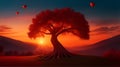 Silhouette of tree with red sunset over trees and beautiful sky. Royalty Free Stock Photo