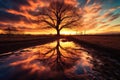 silhouette of a tree reflected in a puddle at sunset Royalty Free Stock Photo