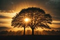 Silhouette of a tree with sun rays in the background. ai generative Royalty Free Stock Photo