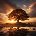 Silhouette of a tree with sun rays in the background Royalty Free Stock Photo