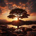 Silhouette of a tree with sun rays in the background Royalty Free Stock Photo