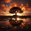 Silhouette of a tree with sun rays in the background Royalty Free Stock Photo