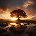 Silhouette of a tree with sun rays in the background Royalty Free Stock Photo
