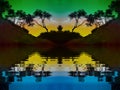 silhouette of trees with a dramatic colourful green blue and yellow background with ripples from water reflections