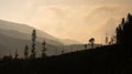 Silhouette of trees and mountains, panoramic photo Royalty Free Stock Photo