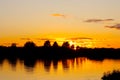 Silhouette of trees on the river bank against the background of a yellow sunset Royalty Free Stock Photo