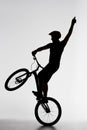silhouette of trial cyclist standing on back wheel and raising hand