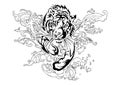 Silhouette tiger run and jump in splash river with oriental ornament tribal ink drawing tattoo