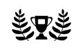 Silhouette of trophy cup with handles and twigs of laurel. Hand drawn simple illustration for champion, victory in sport. Black