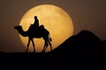 Silhouette of a Tuareg riding a camel in desert at night with full supermoon in the background. Generative Ai Royalty Free Stock Photo