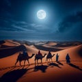 a camel caravan under the light of the full moon