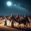 a camel caravan under the light of the full moon