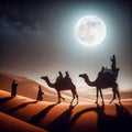 a camel caravan under the light of the full