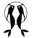 Silhouette of twins mermaids retro pin-up style, holding a hoop, isolated on white background