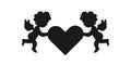 Silhouette of two amour cupid babies, symbol ancient mythology angle holding heart isolated on white background