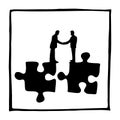 Silhouette two businessmen shaking hands on jigsaw vector illustration sketch doodle hand drawn isolated on white square Royalty Free Stock Photo