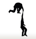 silhouette of two businessmen team holding on with a helping hand