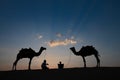 Silhouette of two cameleers and their camels at sand dunes of Thar desert Royalty Free Stock Photo