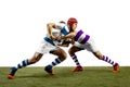 The silhouette of two caucasian rugby male players isolated on white background Royalty Free Stock Photo