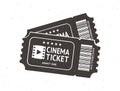 Silhouette of two cinema ticket with barcode. Vector illustration. Pair paper retro coupon for movie entry. Film industry symbol.