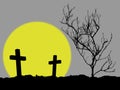 grave, silhouette of two cross and bare dead tree in night cemetery hill with yellow full moon on dark gray background Royalty Free Stock Photo