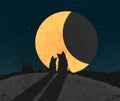 Silhouette of two dogs sitting in grass on the top of hill over city a front of big moon Royalty Free Stock Photo