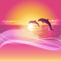Silhouette of two dolphins at sunset. Abstract background with space for your text. Eps10