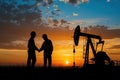 Silhouette of two engineers handshaking in front of oil pump. Generative AI Royalty Free Stock Photo