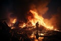 Silhouette of two firemen fighting a raging fire with huge flames of burning scrap