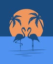 Silhouette of a two flamingos standing in the water on the sunset background. Vector illustration Royalty Free Stock Photo