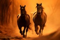 Silhouette of two galloping Horses in a orange smokey atmosphere, wallpaper inspirations