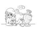 Sketch of a girl drinking tea from a samovar, cartoon illustration, isolated object on a white background, vector,
