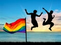 Silhouette of two happy gays jump