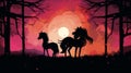 silhouette of two horses in the forest at sunset Royalty Free Stock Photo