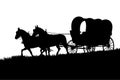 Silhouette of two horses pulling covered wagon on grassy hill for western and historical design Royalty Free Stock Photo
