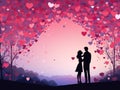 silhouette of two lovers on sunset background under trees with little hearts. Valentine\'s Day Royalty Free Stock Photo