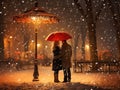 silhouette two lovers under umbrella in Christmas snowy park