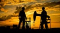 The silhouette of two male engineers talking about oil drilling at sunset. Royalty Free Stock Photo