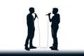 Silhouette of a two male vocalists singing with microphones